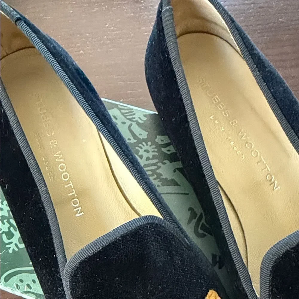 Stubbs & Wootton Black Velvet Loafers with Gold Fleur-de-Lis